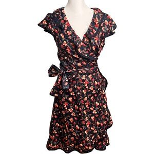 Hi There by Karen Walker Cherry Print Ruffle Faux Wrap Dress, Sz 4